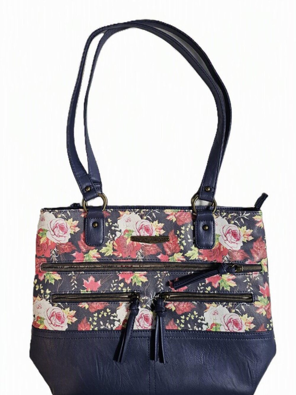 Stone Mountain Medium Shoulder Bag Navy Floral Multi Pocket Faux Leather $79